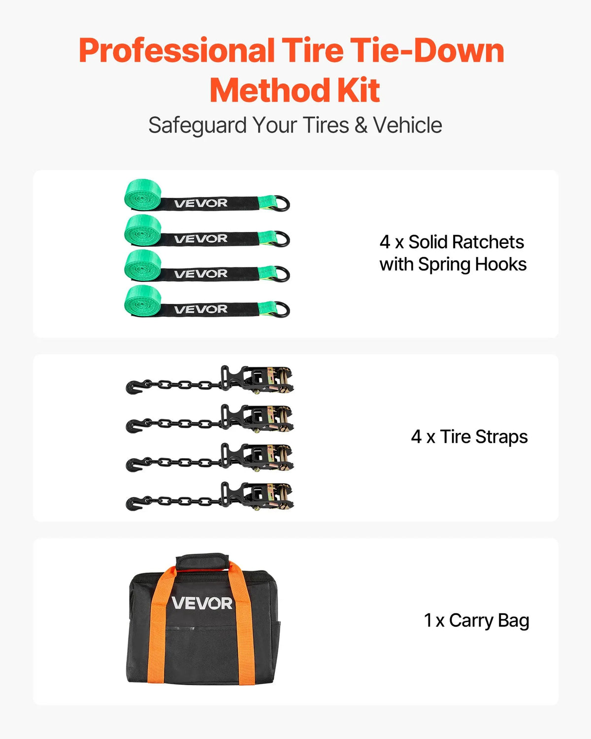 VEVOR Wheel Chock and Securing Kit, Tyre-Type Securing Straps with Reinforced Hook and O-Ring, Breaking Load 4540 kg, Working Load 1512 kg, Suitable for Motorcycles, ATVs and SUV Vehicles