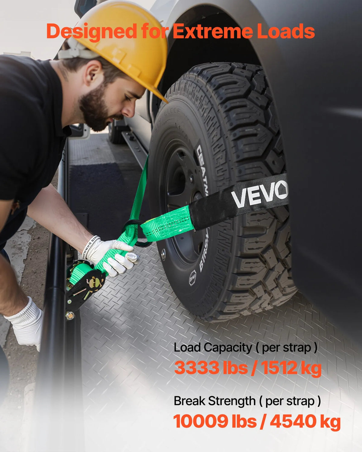 VEVOR Wheel Chock and Securing Kit, Tyre-Type Securing Straps with Reinforced Hook and O-Ring, Breaking Load 4540 kg, Working Load 1512 kg, Suitable for Motorcycles, ATVs and SUV Vehicles
