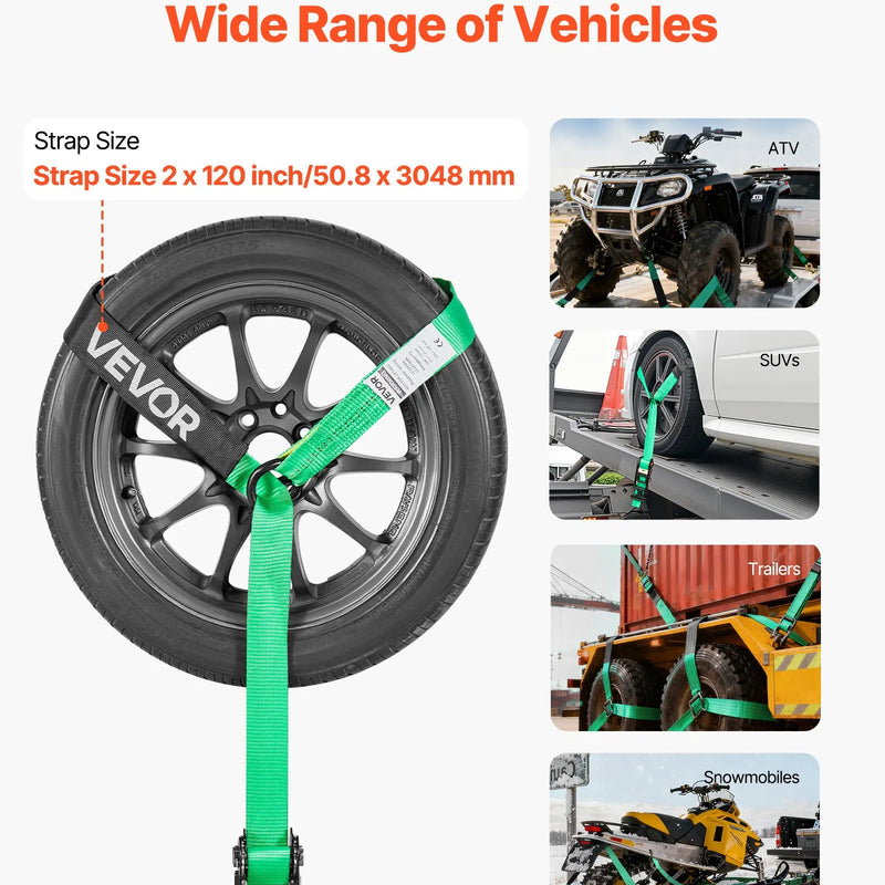VEVOR riteņa fiksācijas un nostiprināšanas komplekts, riepas tipa nostiprināšanas siksnas ar pastiprinātu āķi un O veida gredzenu, pārrāvuma slodze 4540 kg, darba slodze 1512 kg, piemērots motocikliem, ATV un SUV transportlīdzekļiem