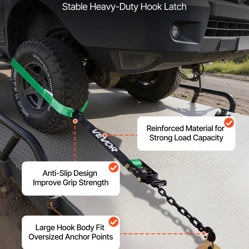 VEVOR riteņa fiksācijas un nostiprināšanas komplekts, riepas tipa nostiprināšanas siksnas ar pastiprinātu āķi un O veida gredzenu, pārrāvuma slodze 4540 kg, darba slodze 1512 kg, piemērots motocikliem, ATV un SUV transportlīdzekļiem