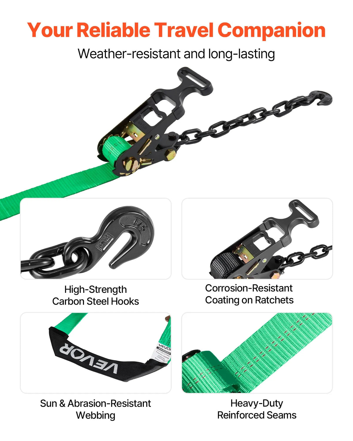 VEVOR Wheel Chock and Securing Kit, Tyre-Type Securing Straps with Reinforced Hook and O-Ring, Breaking Load 4540 kg, Working Load 1512 kg, Suitable for Motorcycles, ATVs and SUV Vehicles