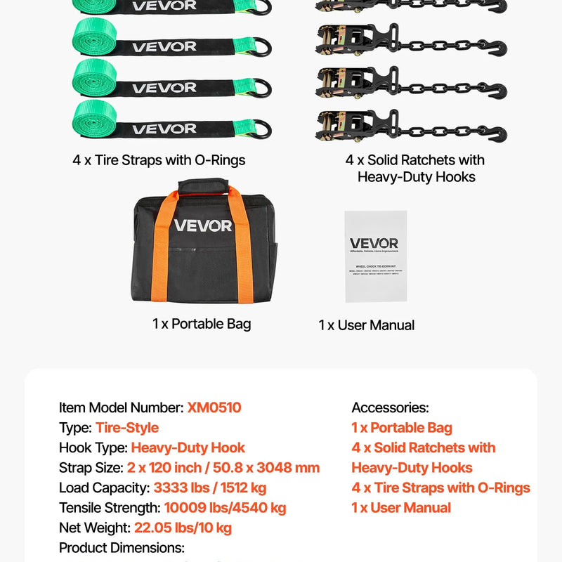 VEVOR riteņa fiksācijas un nostiprināšanas komplekts, riepas tipa nostiprināšanas siksnas ar pastiprinātu āķi un O veida gredzenu, pārrāvuma slodze 4540 kg, darba slodze 1512 kg, piemērots motocikliem, ATV un SUV transportlīdzekļiem