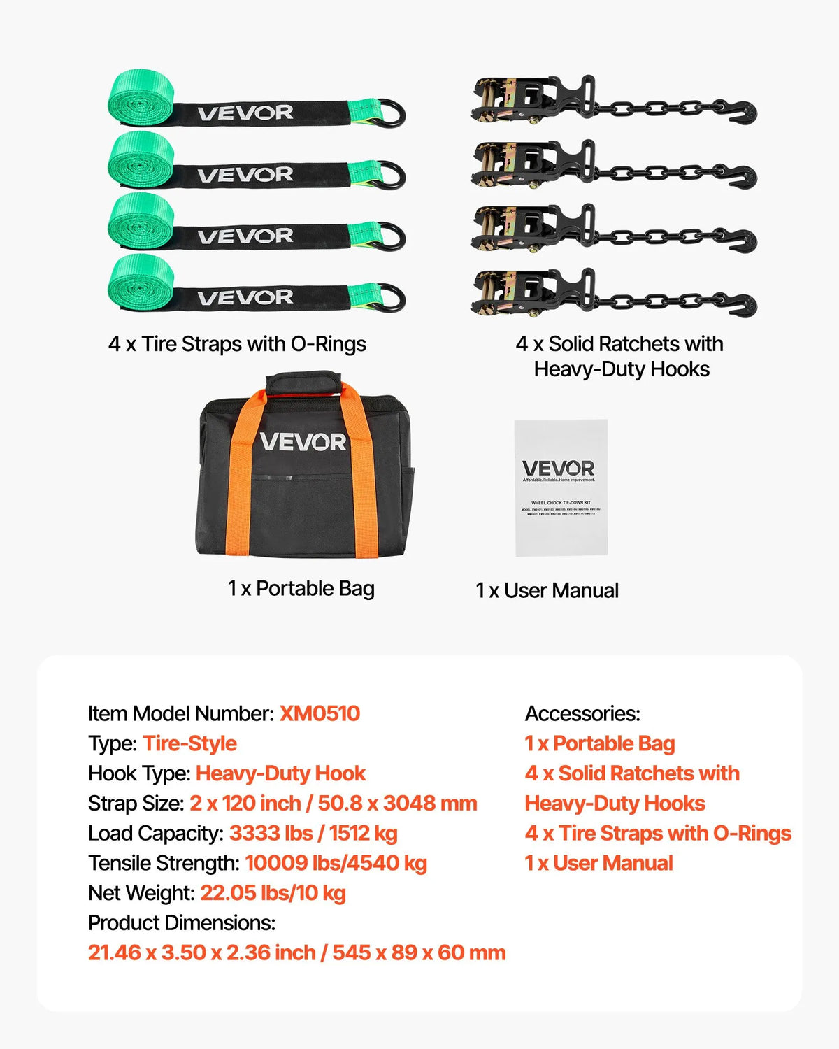 VEVOR Wheel Chock and Securing Kit, Tyre-Type Securing Straps with Reinforced Hook and O-Ring, Breaking Load 4540 kg, Working Load 1512 kg, Suitable for Motorcycles, ATVs and SUV Vehicles