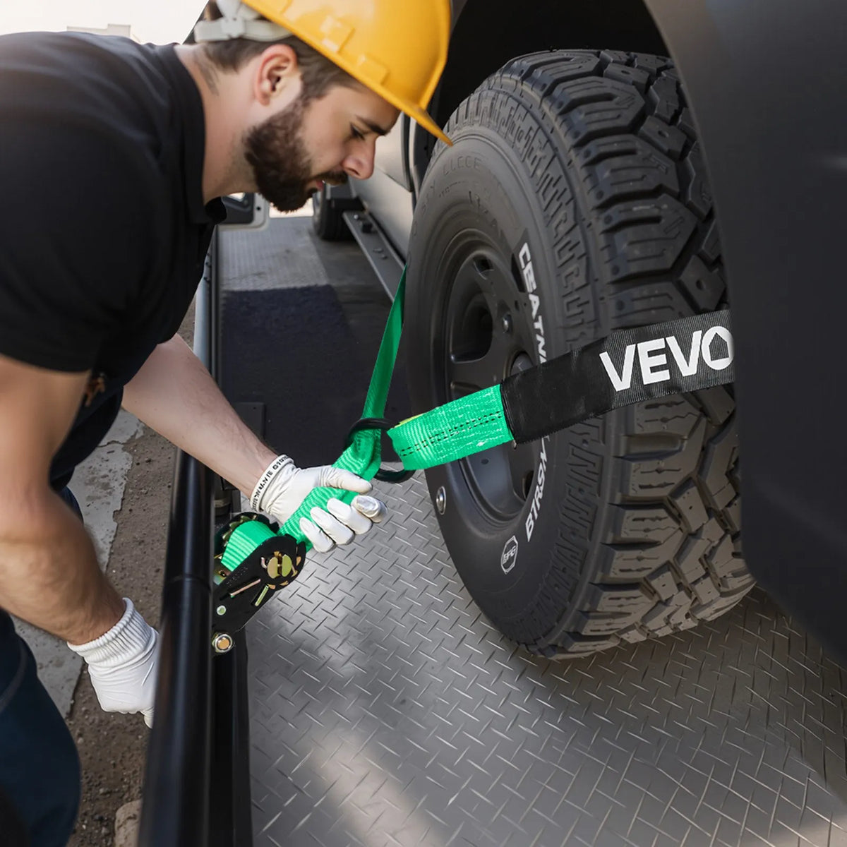 VEVOR Wheel Chock and Securing Kit, Tyre-Type Securing Straps with Reinforced Hook and O-Ring, Breaking Load 4540 kg, Working Load 1512 kg, Suitable for Motorcycles, ATVs and SUV Vehicles