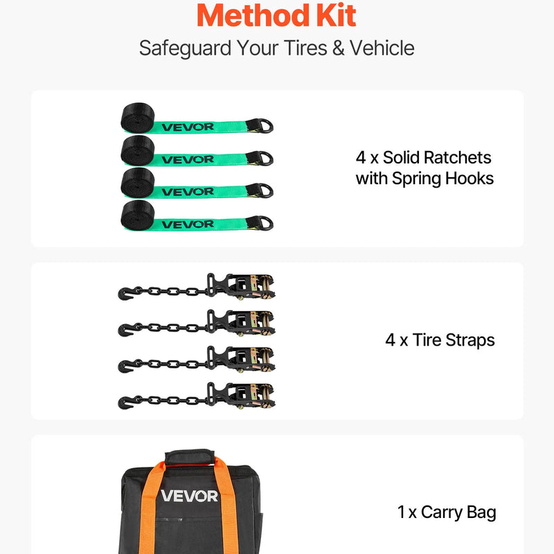 VEVOR riteņa fiksācijas un nostiprināšanas komplekts, riepas tipa vilkšanas ratiņu siksnas ar pastiprinātu āķi, pārrāvuma slodze 4540 kg, darba slodze 1512 kg, piemērots motocikliem, ATV, SUV un piekabēm