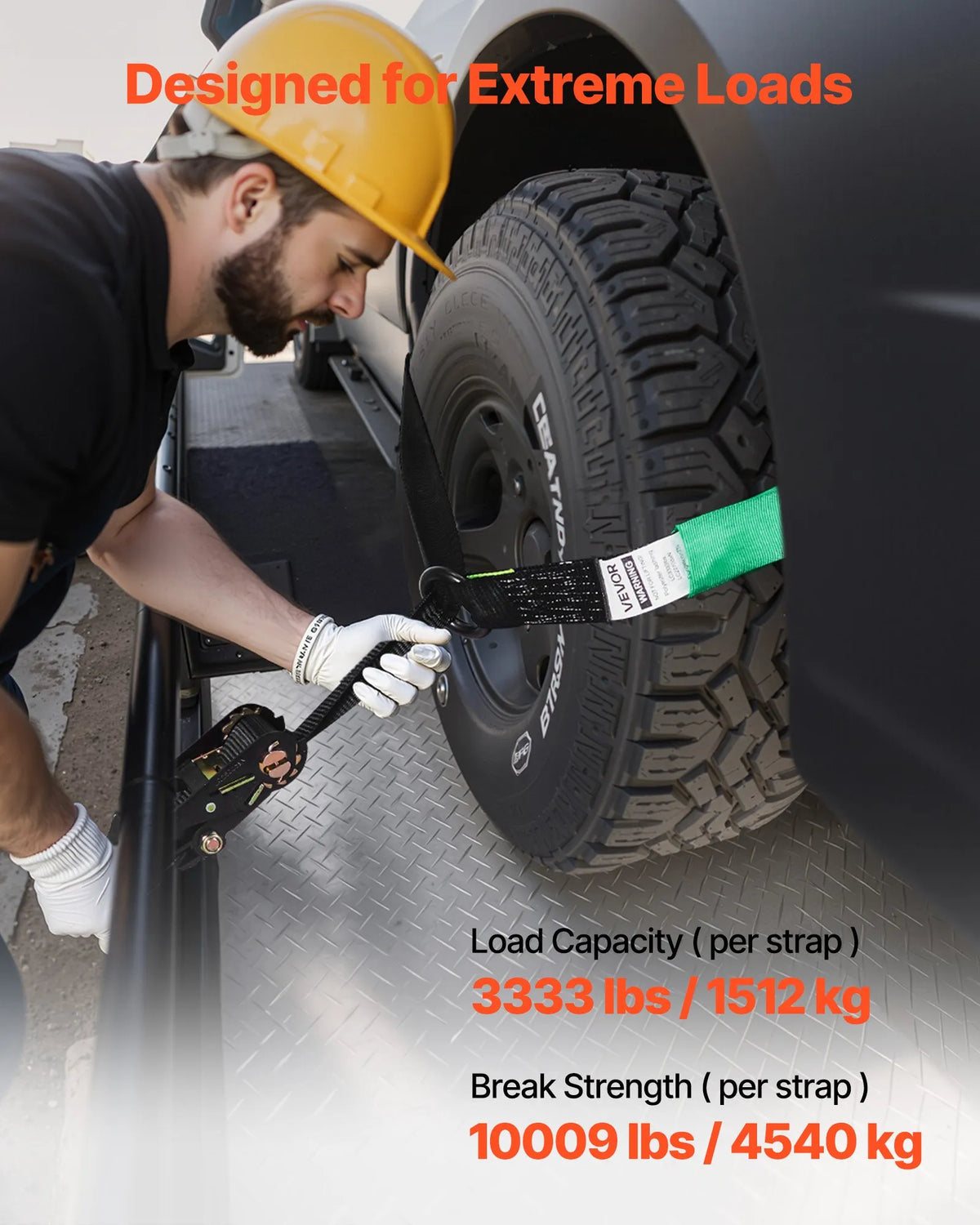 VEVOR Wheel Chock and Securing Kit, Tyre-Type Tow Dolly Straps with Reinforced Hook, Breaking Strength 4540 kg, Working Load 1512 kg, Suitable for Motorcycles, ATVs, SUVs and Trailers