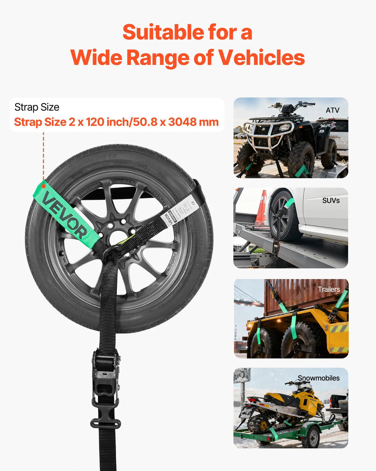 VEVOR Wheel Chock and Securing Kit, Tyre-Type Tow Dolly Straps with Reinforced Hook, Breaking Strength 4540 kg, Working Load 1512 kg, Suitable for Motorcycles, ATVs, SUVs and Trailers