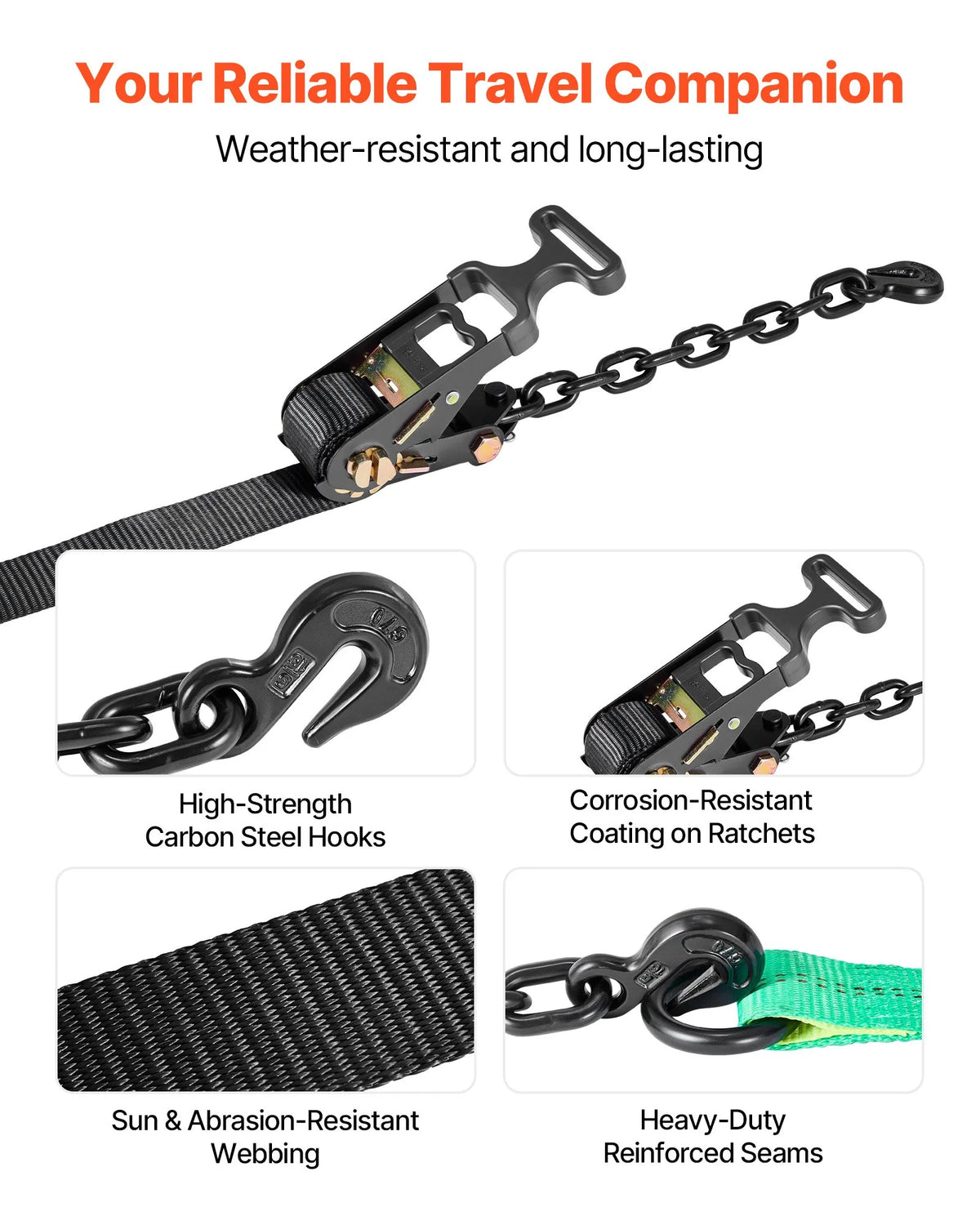 VEVOR Wheel Chock and Securing Kit, Tyre-Type Tow Dolly Straps with Reinforced Hook, Breaking Strength 4540 kg, Working Load 1512 kg, Suitable for Motorcycles, ATVs, SUVs and Trailers