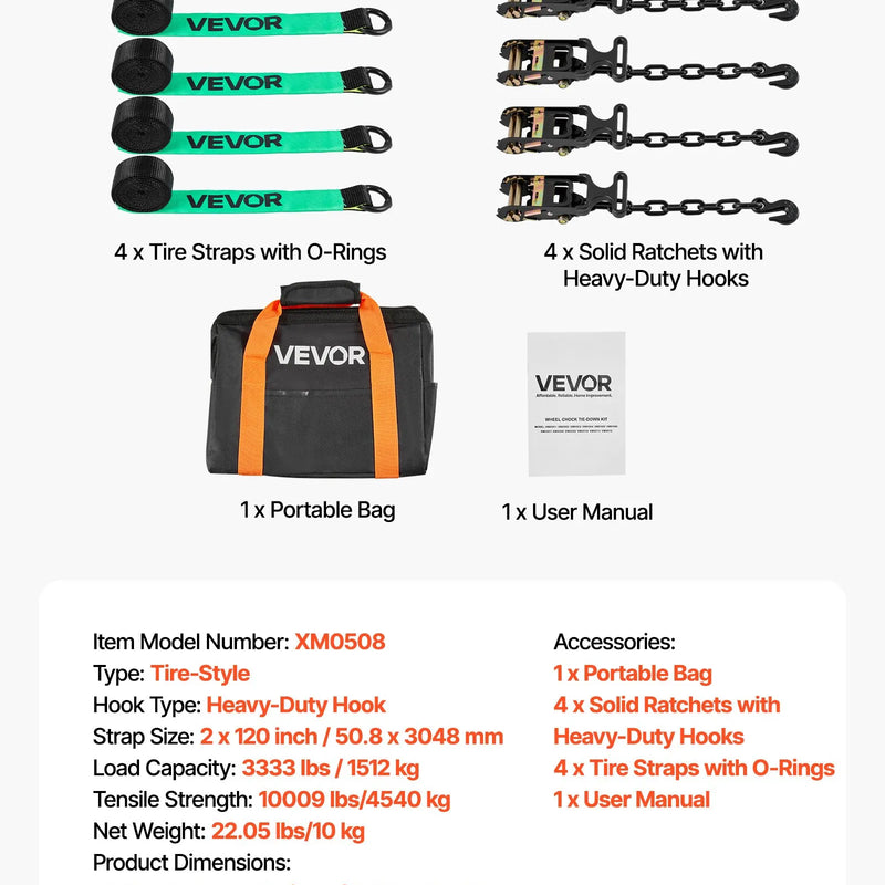 VEVOR riteņa fiksācijas un nostiprināšanas komplekts, riepas tipa vilkšanas ratiņu siksnas ar pastiprinātu āķi, pārrāvuma slodze 4540 kg, darba slodze 1512 kg, piemērots motocikliem, ATV, SUV un piekabēm
