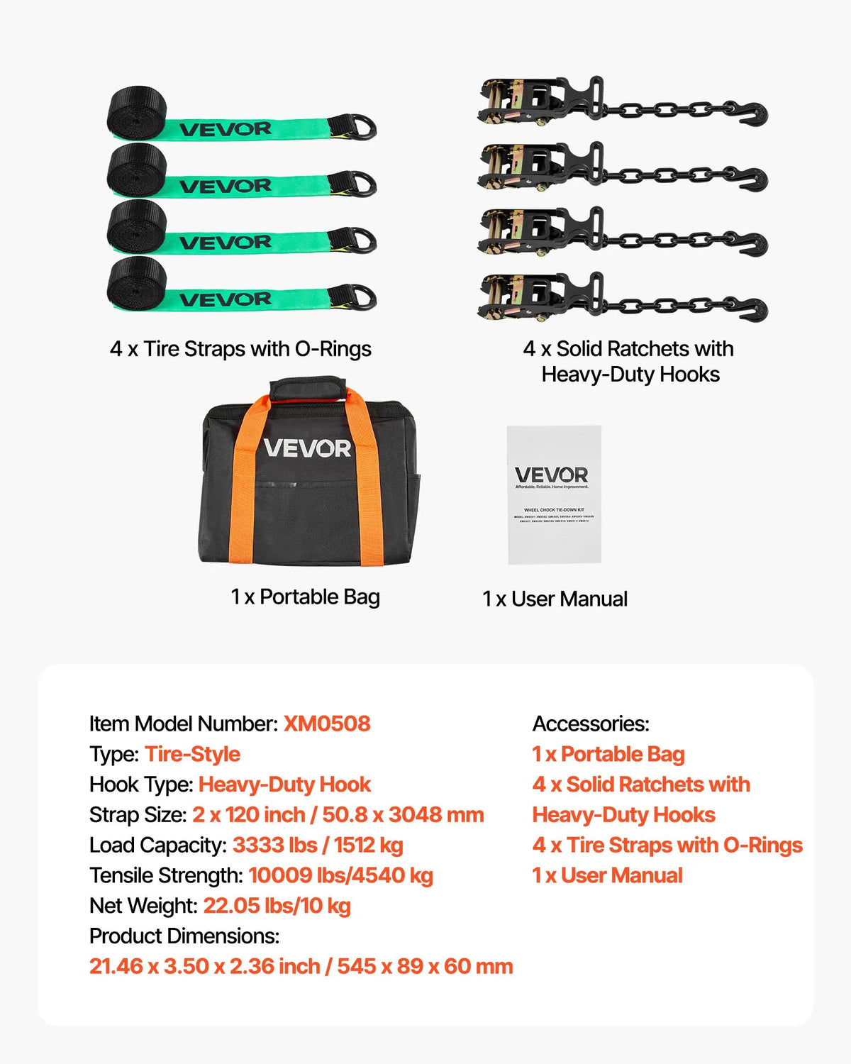 VEVOR Wheel Chock and Securing Kit, Tyre-Type Tow Dolly Straps with Reinforced Hook, Breaking Strength 4540 kg, Working Load 1512 kg, Suitable for Motorcycles, ATVs, SUVs and Trailers