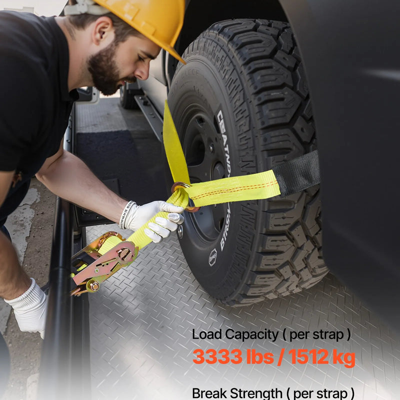 VEVOR riteņa fiksācijas un nostiprināšanas komplekts, riepas tipa vilkšanas ratiņu siksnas ar pastiprinātu āķi, pārrāvuma slodze 4540 kg, darba slodze 1512 kg, piemērots motocikliem, ATV, SUV un sniega motocikliem