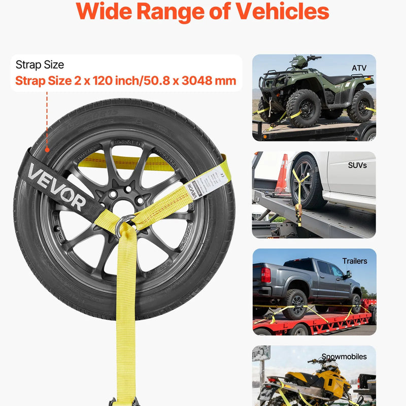 VEVOR riteņa fiksācijas un nostiprināšanas komplekts, riepas tipa vilkšanas ratiņu siksnas ar pastiprinātu āķi, pārrāvuma slodze 4540 kg, darba slodze 1512 kg, piemērots motocikliem, ATV, SUV un sniega motocikliem
