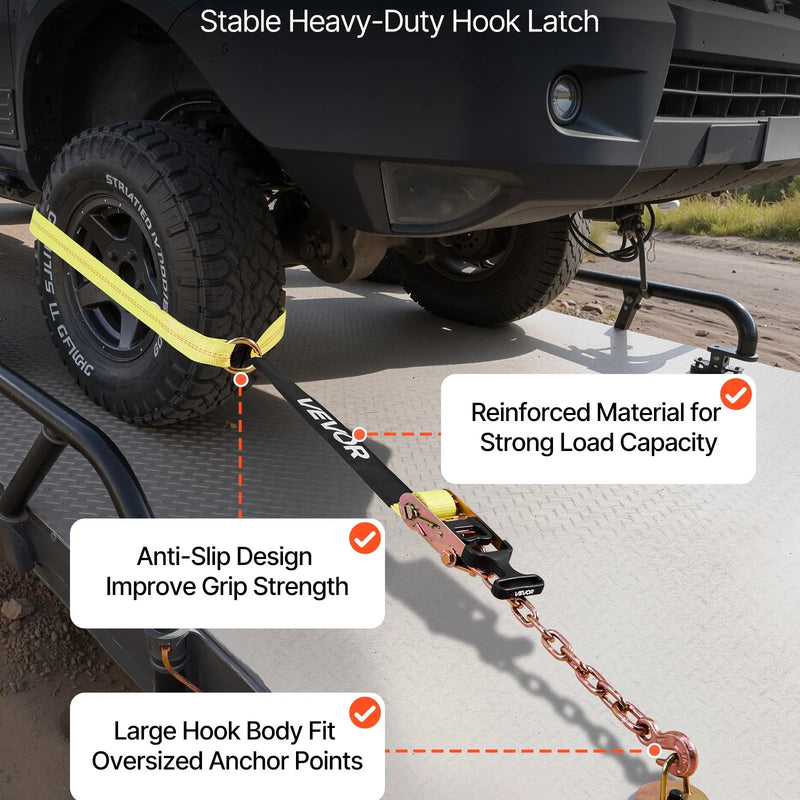 VEVOR riteņa fiksācijas un nostiprināšanas komplekts, riepas tipa vilkšanas ratiņu siksnas ar pastiprinātu āķi, pārrāvuma slodze 4540 kg, darba slodze 1512 kg, piemērots motocikliem, ATV, SUV un sniega motocikliem