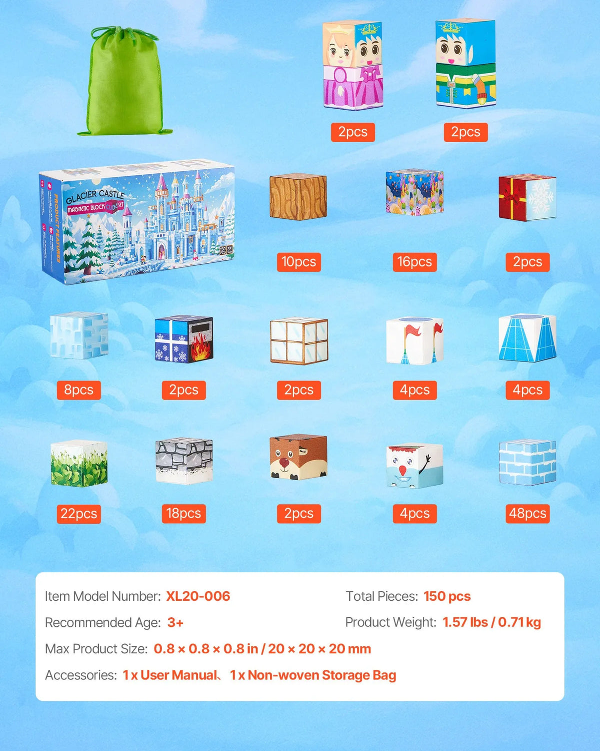 VEVOR Magnetic Building Blocks 150 Pieces Ice Castle STEM Montessori 3+ Years