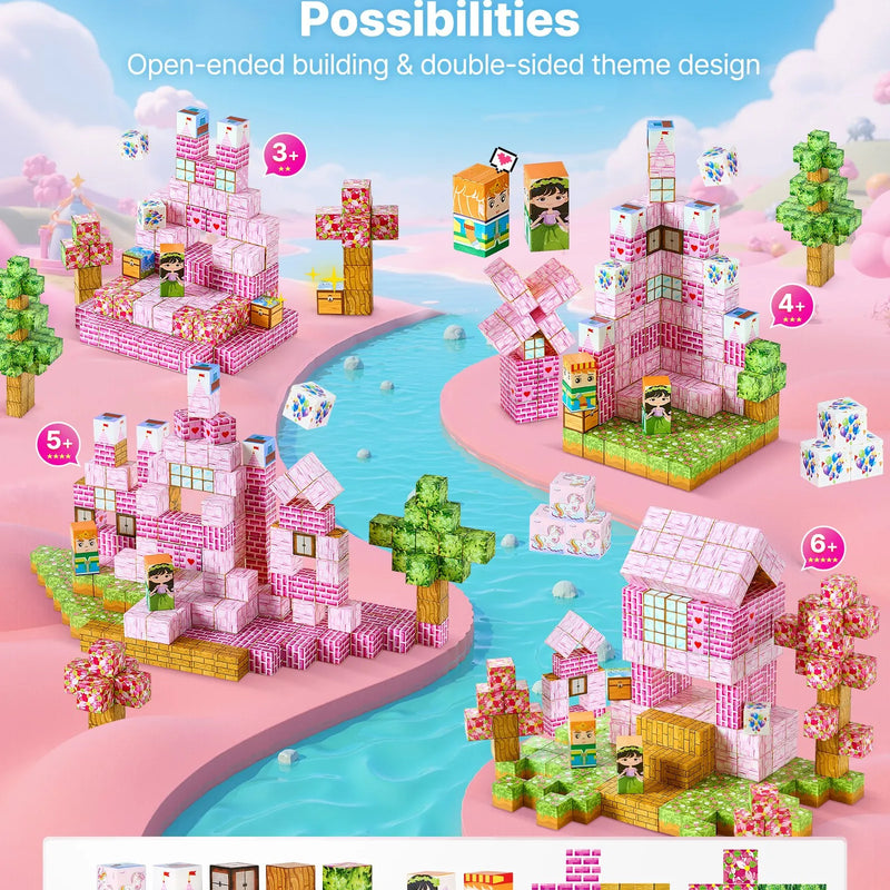 VEVOR magnētisko kluču komplekts, 100 gab., “Princesēšu pils” tēma; magnētiskie būvkubi bērniem, STEM Montessori sensorā rotaļlieta bērniem no 3 gadu vecuma