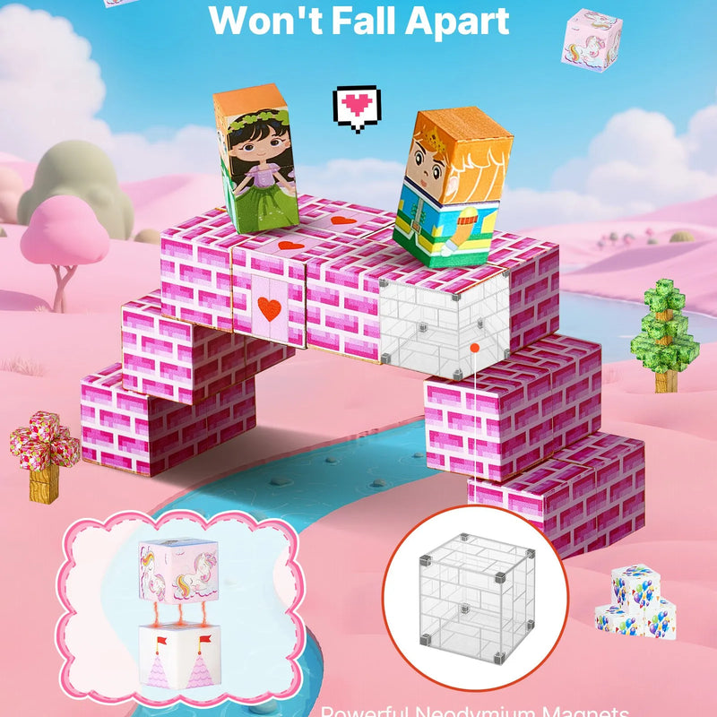 VEVOR magnētisko kluču komplekts, 100 gab., “Princesēšu pils” tēma; magnētiskie būvkubi bērniem, STEM Montessori sensorā rotaļlieta bērniem no 3 gadu vecuma