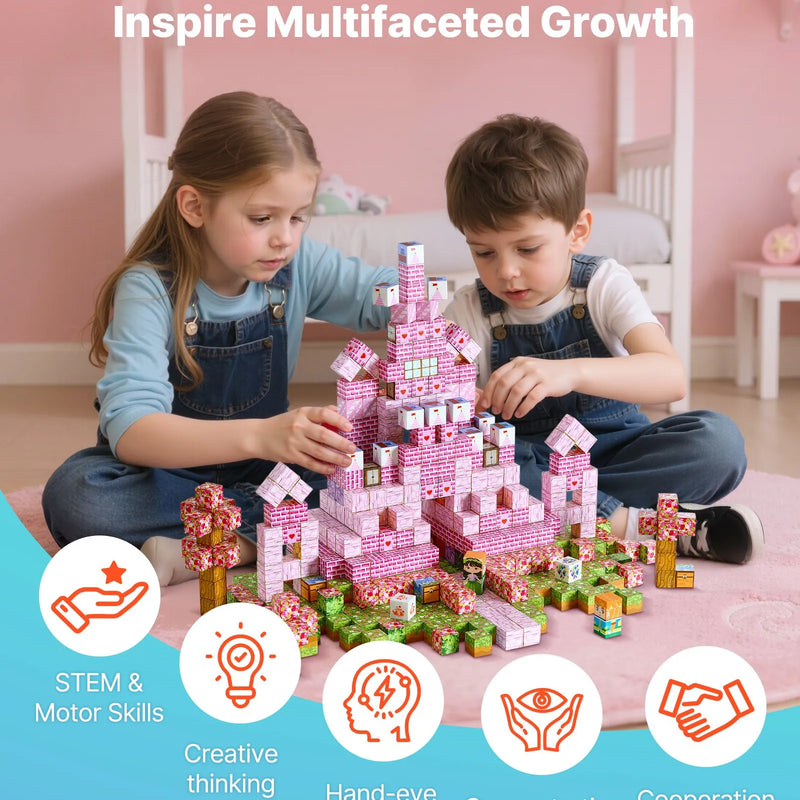 VEVOR magnētisko kluču komplekts, 100 gab., “Princesēšu pils” tēma; magnētiskie būvkubi bērniem, STEM Montessori sensorā rotaļlieta bērniem no 3 gadu vecuma