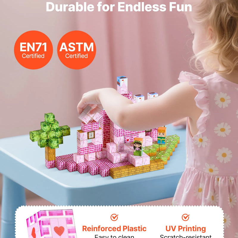 VEVOR magnētisko kluču komplekts, 100 gab., “Princesēšu pils” tēma; magnētiskie būvkubi bērniem, STEM Montessori sensorā rotaļlieta bērniem no 3 gadu vecuma