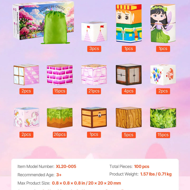 VEVOR magnētisko kluču komplekts, 100 gab., “Princesēšu pils” tēma; magnētiskie būvkubi bērniem, STEM Montessori sensorā rotaļlieta bērniem no 3 gadu vecuma