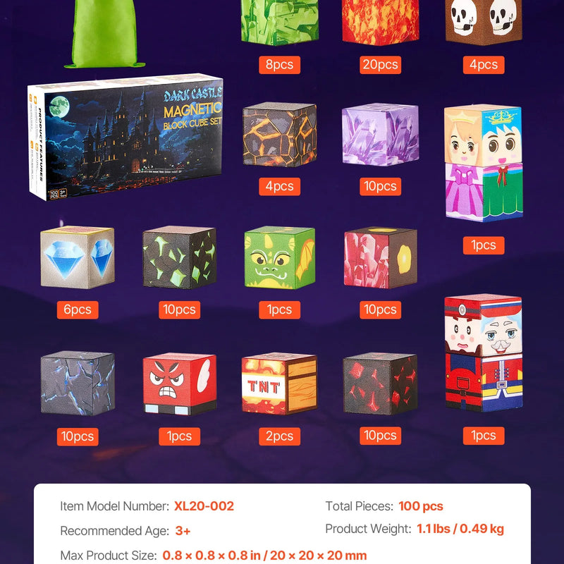 VEVOR magnētisko kluču komplekts, 100 gab., “Tumšās pils” tēma, magnētiskie būvkubi bērniem; STEM Montessori sensorā rotaļlieta bērniem no 3 gadu vecuma
