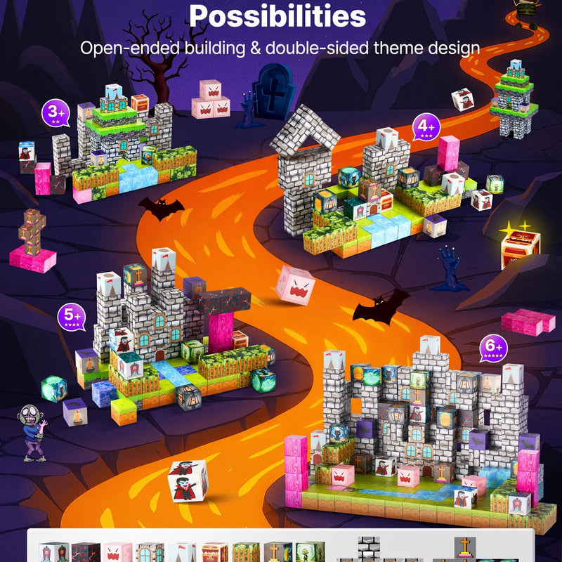 VEVOR magnētisko kluču komplekts, 100 gab., “Kapsētas zombiju” tēma, magnētiskie būvkubi bērniem; STEM Montessori sensorā rotaļlieta bērniem no 3 gadu vecuma