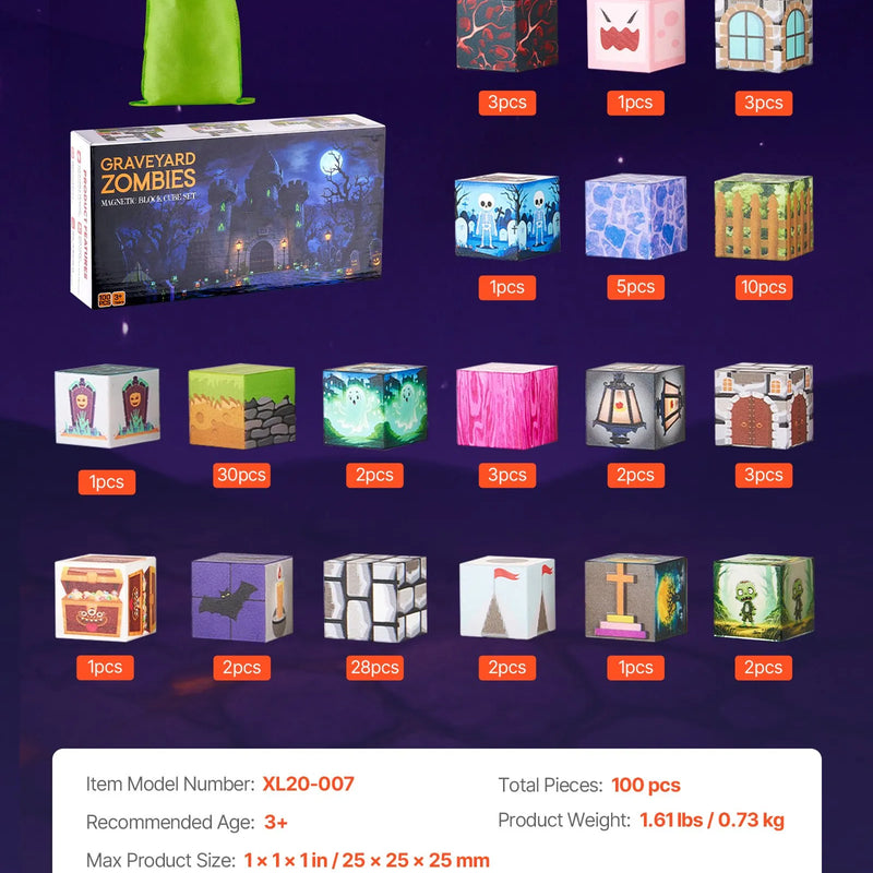 VEVOR magnētisko kluču komplekts, 100 gab., “Kapsētas zombiju” tēma, magnētiskie būvkubi bērniem; STEM Montessori sensorā rotaļlieta bērniem no 3 gadu vecuma
