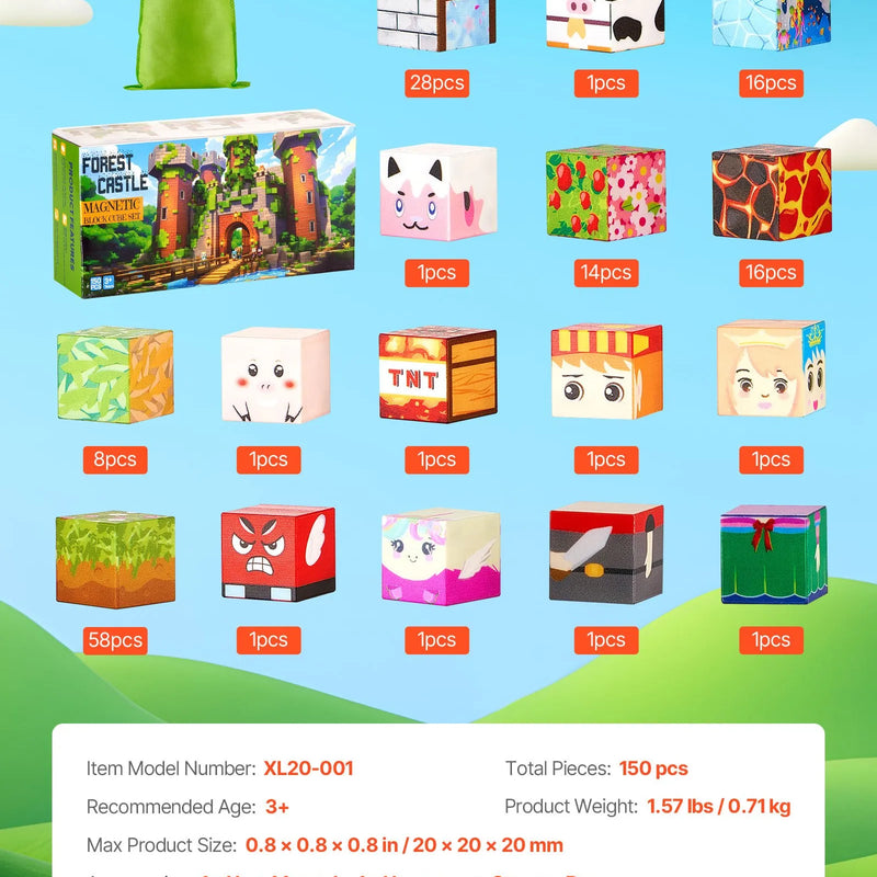 VEVOR magnētisko būvkluču komplekts, 150 gab., Forest Castle tematika, STEM Montessori attīstošās rotaļlietas bērniem, konstrukciju un kaudzē likšanas rotaļlieta zēniem un meitenēm no 3+ gadiem, lieliska dāvana svētkos