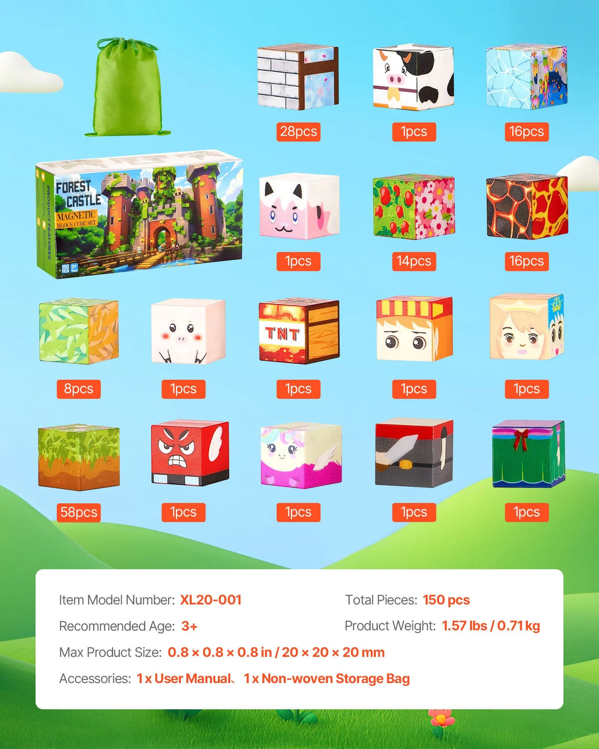 VEVOR Magnetic Building Blocks 150 Pieces Forest Castle STEM Montessori 3+ Years