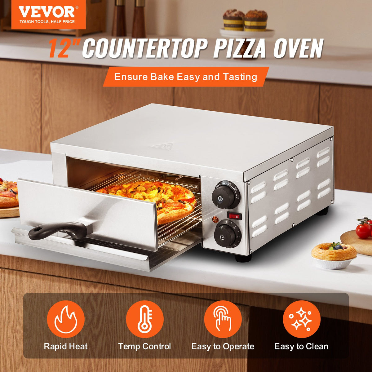 VEVOR Electric Pizza Oven 30 cm, 1500 W, Adjustable Temperature, 120 min Timer