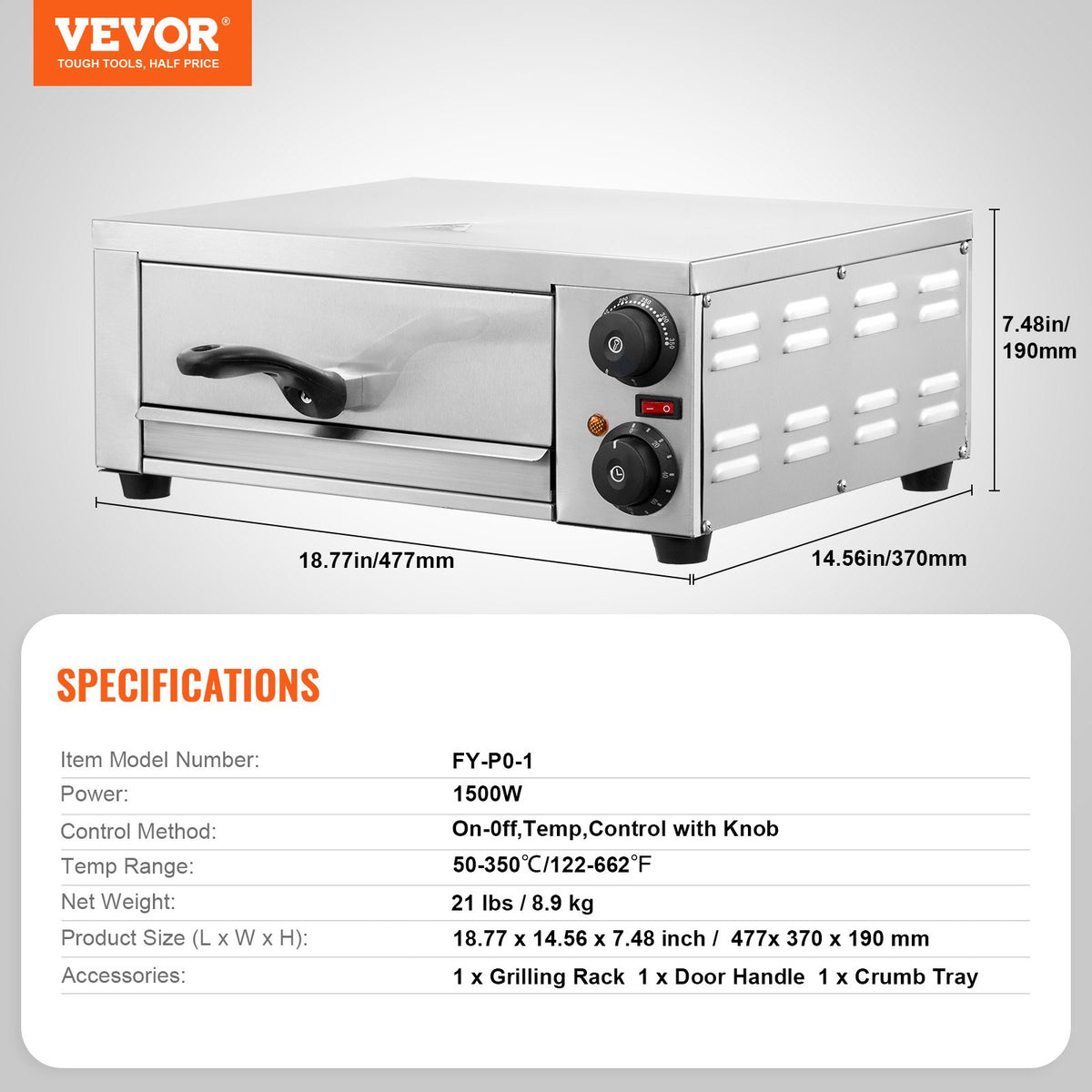 VEVOR Electric Pizza Oven 30 cm, 1500 W, Adjustable Temperature, 120 min Timer