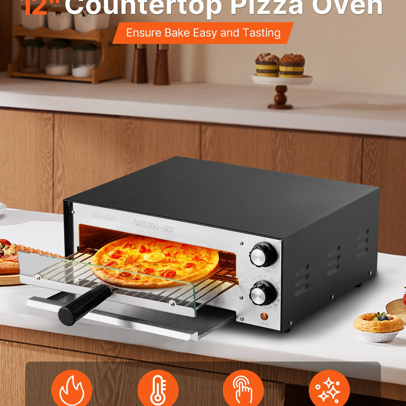 Elektriskā picas krāsns, 30 cm galda virsmas, 1450 W, temperatūras un taimera regulēšana, dubultā sildcaurule, drupaču trauks