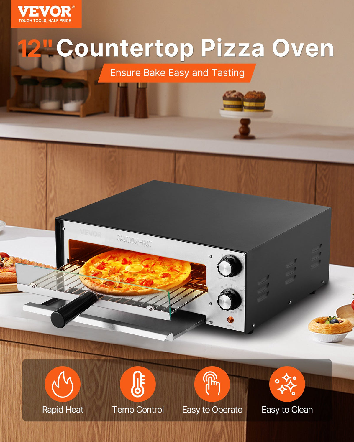 VEVOR Electric Pizza Oven 30 cm, 1450 W, Dual Heating Tube, with Timer and Crumb Tray, Tabletop