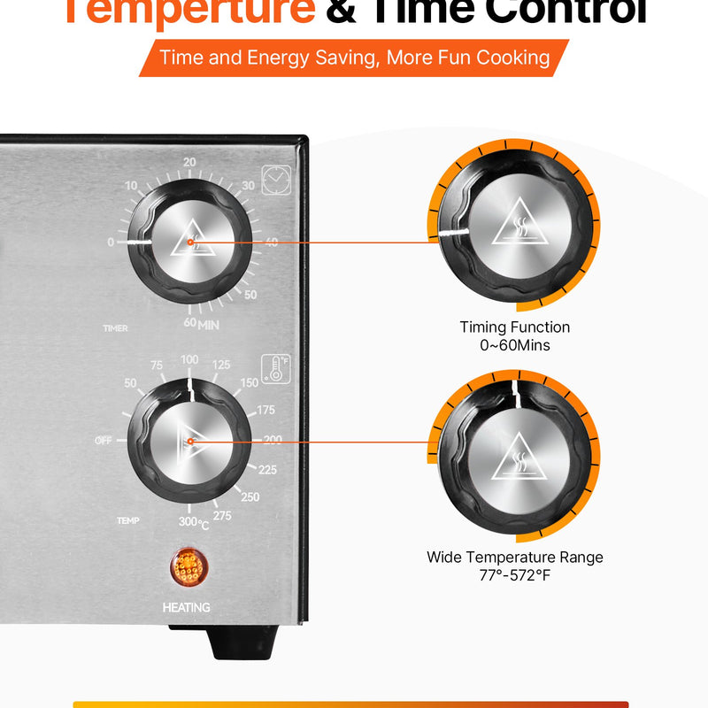 Elektriskā picas krāsns, 30 cm galda virsmas, 1450 W, temperatūras un taimera regulēšana, dubultā sildcaurule, drupaču trauks