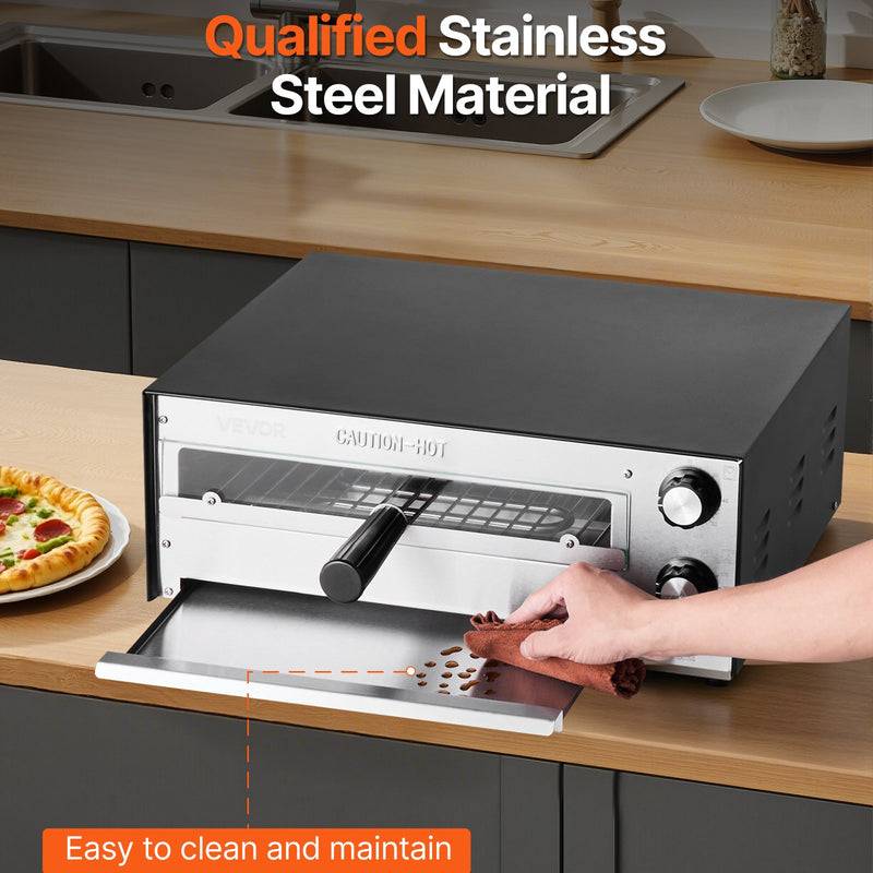 Elektriskā picas krāsns, 30 cm galda virsmas, 1450 W, temperatūras un taimera regulēšana, dubultā sildcaurule, drupaču trauks