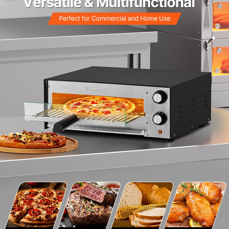 Elektriskā picas krāsns, 30 cm galda virsmas, 1450 W, temperatūras un taimera regulēšana, dubultā sildcaurule, drupaču trauks