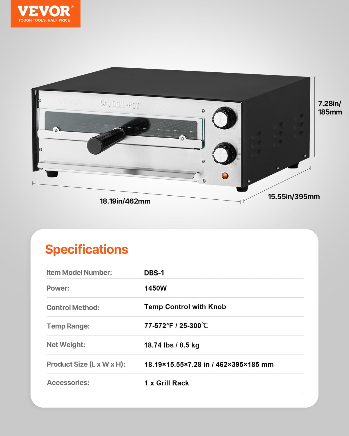 VEVOR Electric Pizza Oven 30 cm, 1450 W, Dual Heating Tube, with Timer and Crumb Tray, Tabletop