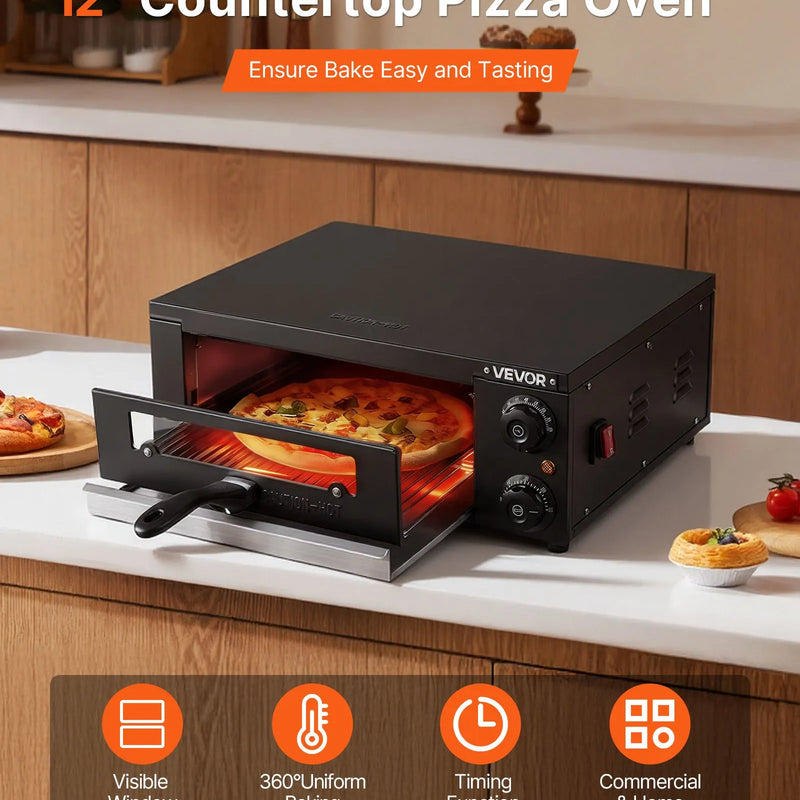 VEVOR elektriskā picu krāsns, 304,8 mm darbgalds, temperatūras diapazons 25–300 °C, 1450 W, ar taimeri un temperatūras kontroli, divkāršu siltuma cauruļu sistēmu un grila resti, picu gatavošanai virtuvē un komerciāliem mērķiem