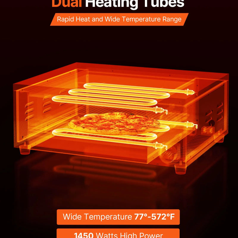 VEVOR elektriskā picu krāsns, 304,8 mm darbgalds, temperatūras diapazons 25–300 °C, 1450 W, ar taimeri un temperatūras kontroli, divkāršu siltuma cauruļu sistēmu un grila resti, picu gatavošanai virtuvē un komerciāliem mērķiem