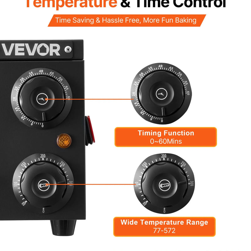 VEVOR elektriskā picu krāsns, 304,8 mm darbgalds, temperatūras diapazons 25–300 °C, 1450 W, ar taimeri un temperatūras kontroli, divkāršu siltuma cauruļu sistēmu un grila resti, picu gatavošanai virtuvē un komerciāliem mērķiem