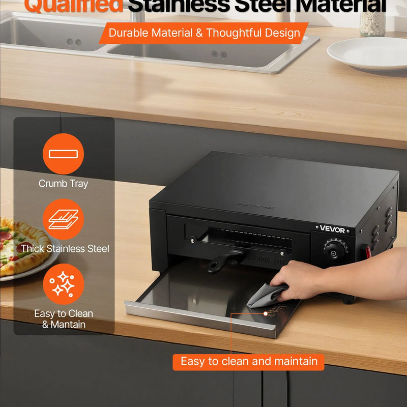 VEVOR elektriskā picu krāsns, 304,8 mm darbgalds, temperatūras diapazons 25–300 °C, 1450 W, ar taimeri un temperatūras kontroli, divkāršu siltuma cauruļu sistēmu un grila resti, picu gatavošanai virtuvē un komerciāliem mērķiem