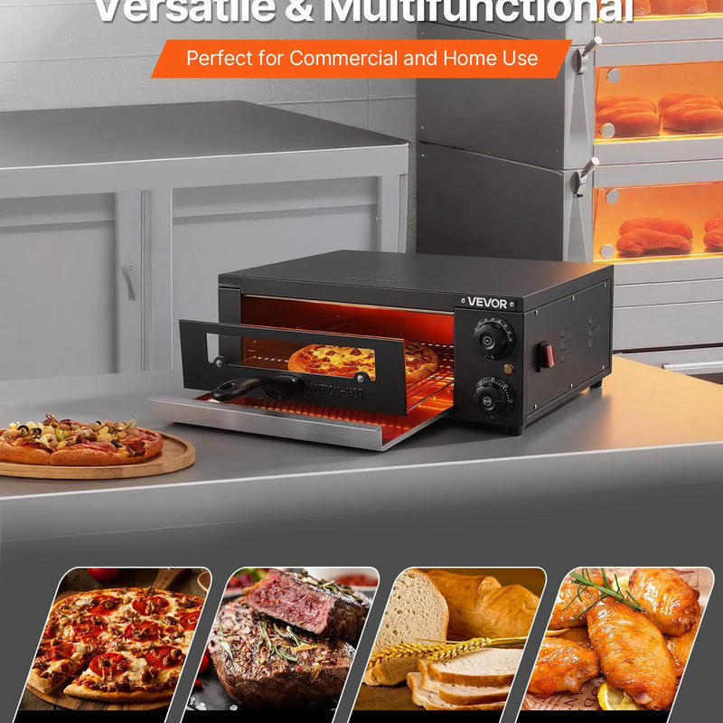 VEVOR elektriskā picu krāsns, 304,8 mm darbgalds, temperatūras diapazons 25–300 °C, 1450 W, ar taimeri un temperatūras kontroli, divkāršu siltuma cauruļu sistēmu un grila resti, picu gatavošanai virtuvē un komerciāliem mērķiem