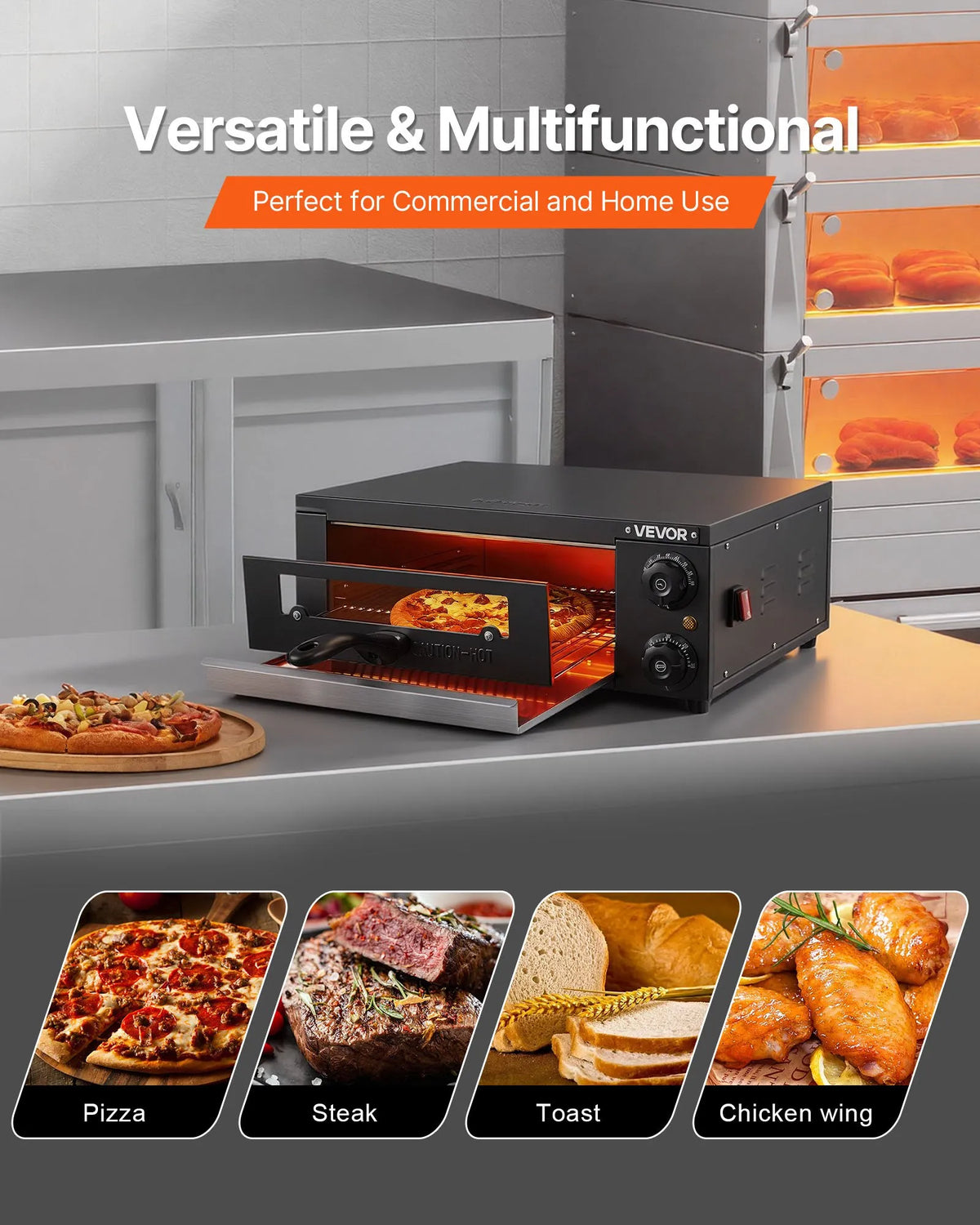VEVOR elektriskā picas krāsns 30 cm, 1450 W, 25–300 °C, ar taimeri un grila resti, galda
