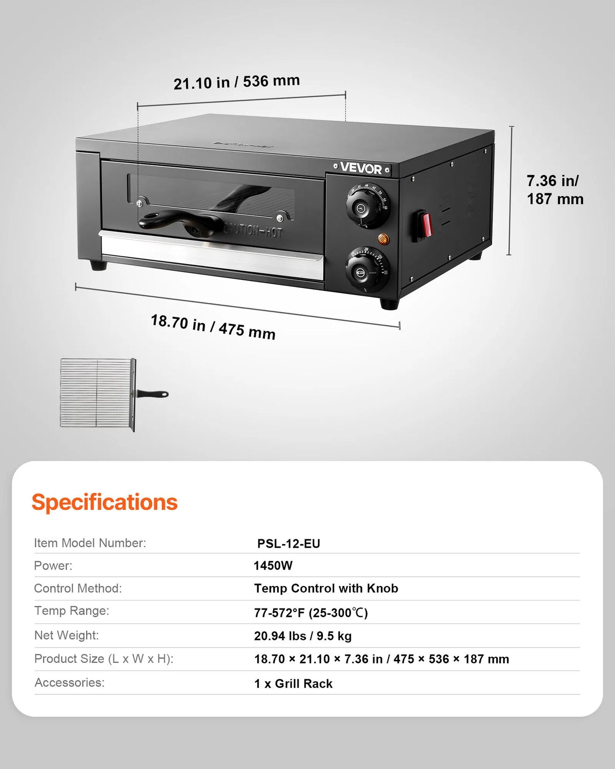 VEVOR elektriskā picas krāsns 30 cm, 1450 W, 25–300 °C, ar taimeri un grila resti, galda