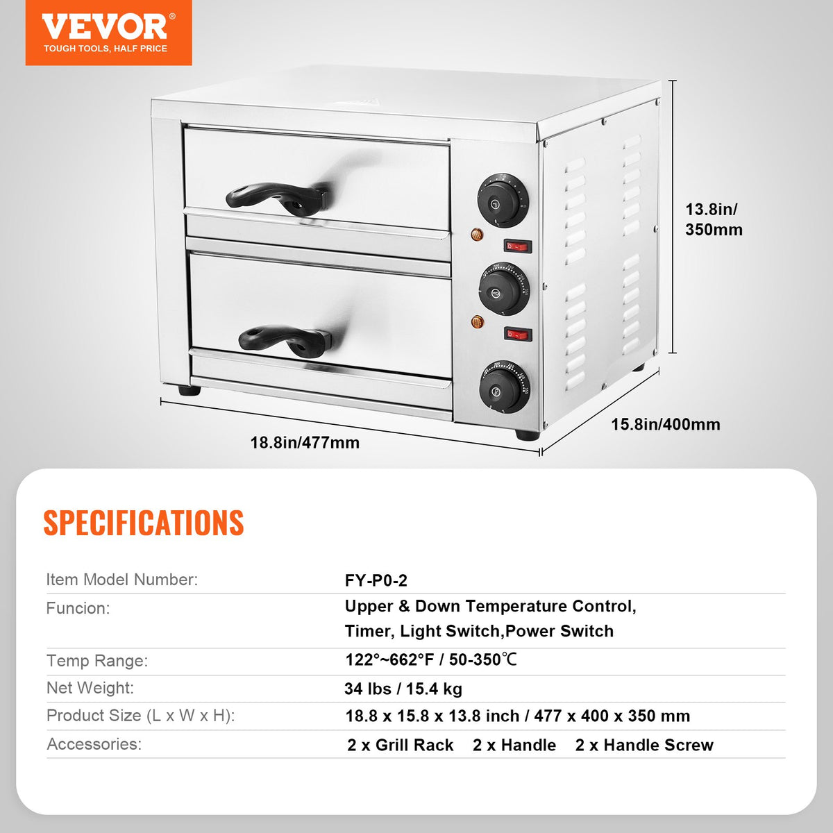 VEVOR elektriline pitsaahi 30 cm reguleeritava temperatuuri ja 120 min taimeriga, lauamudel