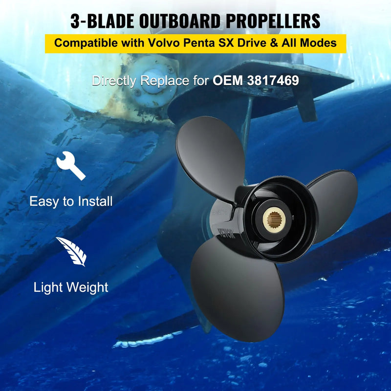 Piekarināmais propellers, OEM 3817469 aizvietotājs, 3 lāpstiņas, 36,2 x 53,3 cm, alumīnija, savietojams ar Volvo Penta SX piedziņu, 19 zobi, labās puses rotācija