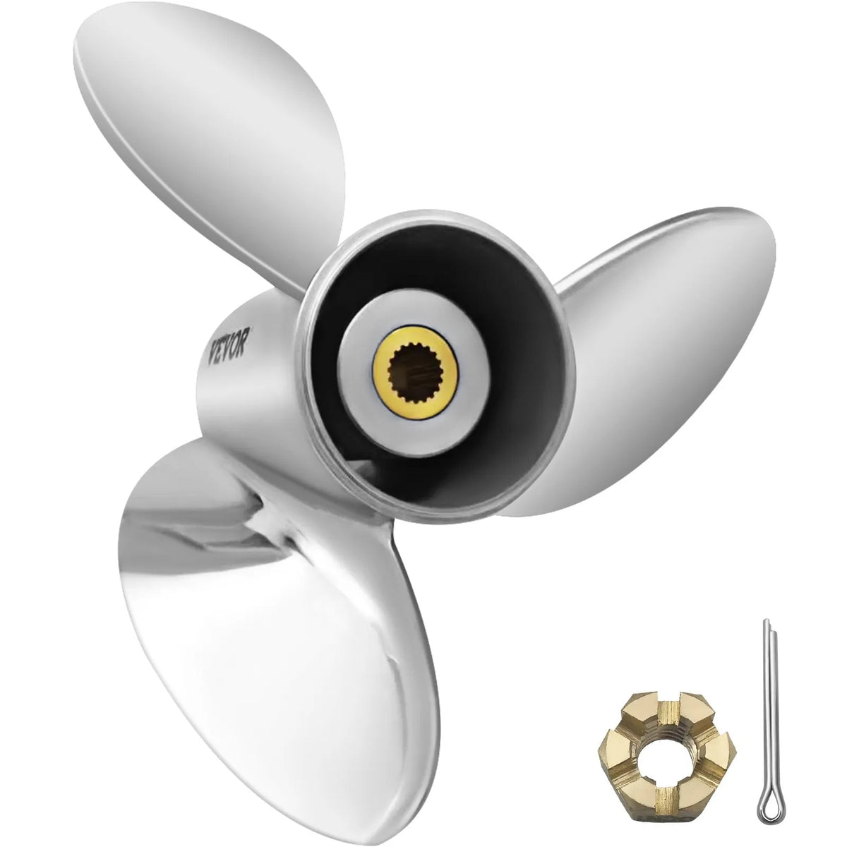 Steel Boat Propeller, OEM 3860709 Replacement, 3 Blades, 36.8 cm x 53.3 cm Pitch, Compatible with Volvo Penta SX Drive All Versions, 19 Tooth Spline, Right-Hand Rotation