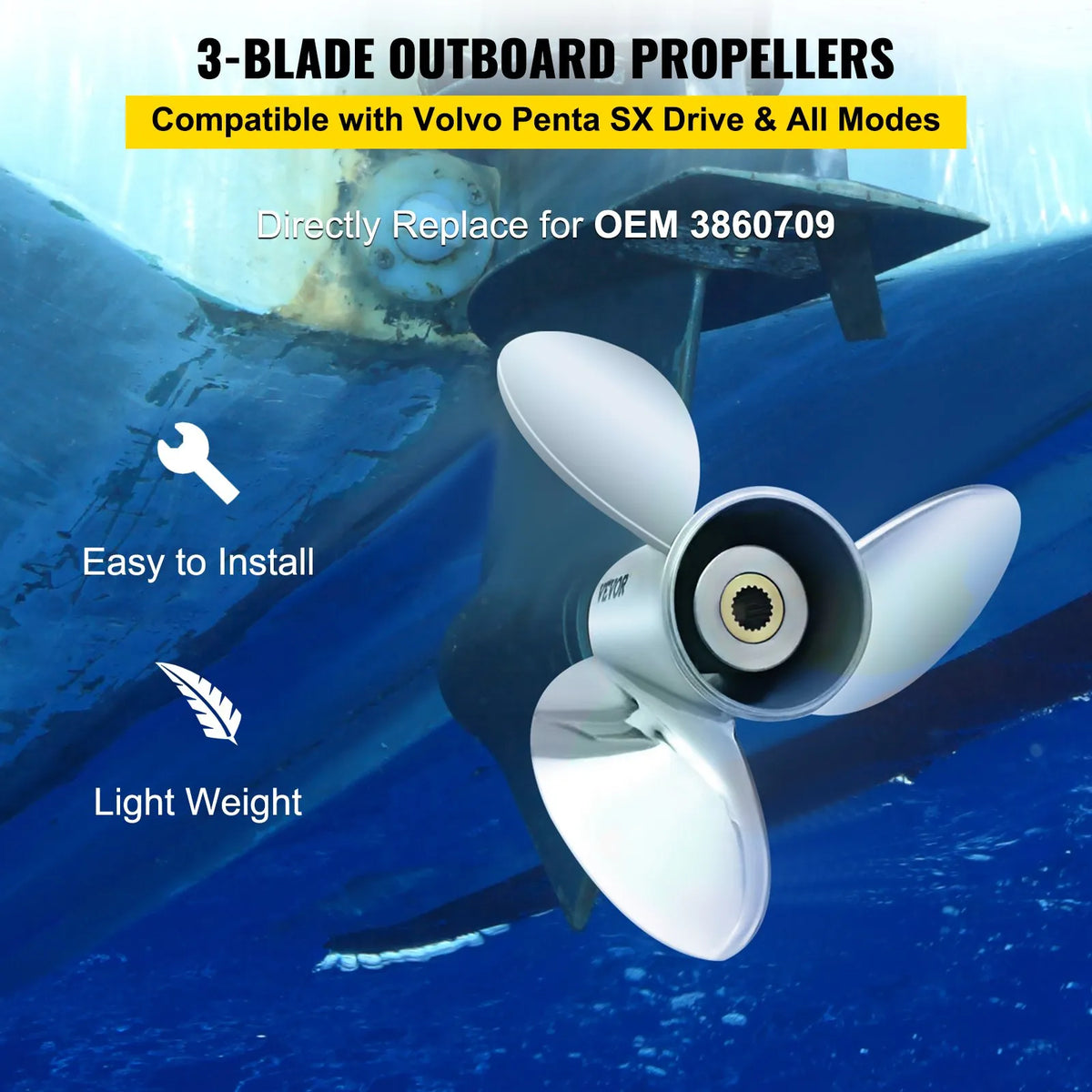 Steel Boat Propeller, OEM 3860709 Replacement, 3 Blades, 36.8 cm x 53.3 cm Pitch, Compatible with Volvo Penta SX Drive All Versions, 19 Tooth Spline, Right-Hand Rotation