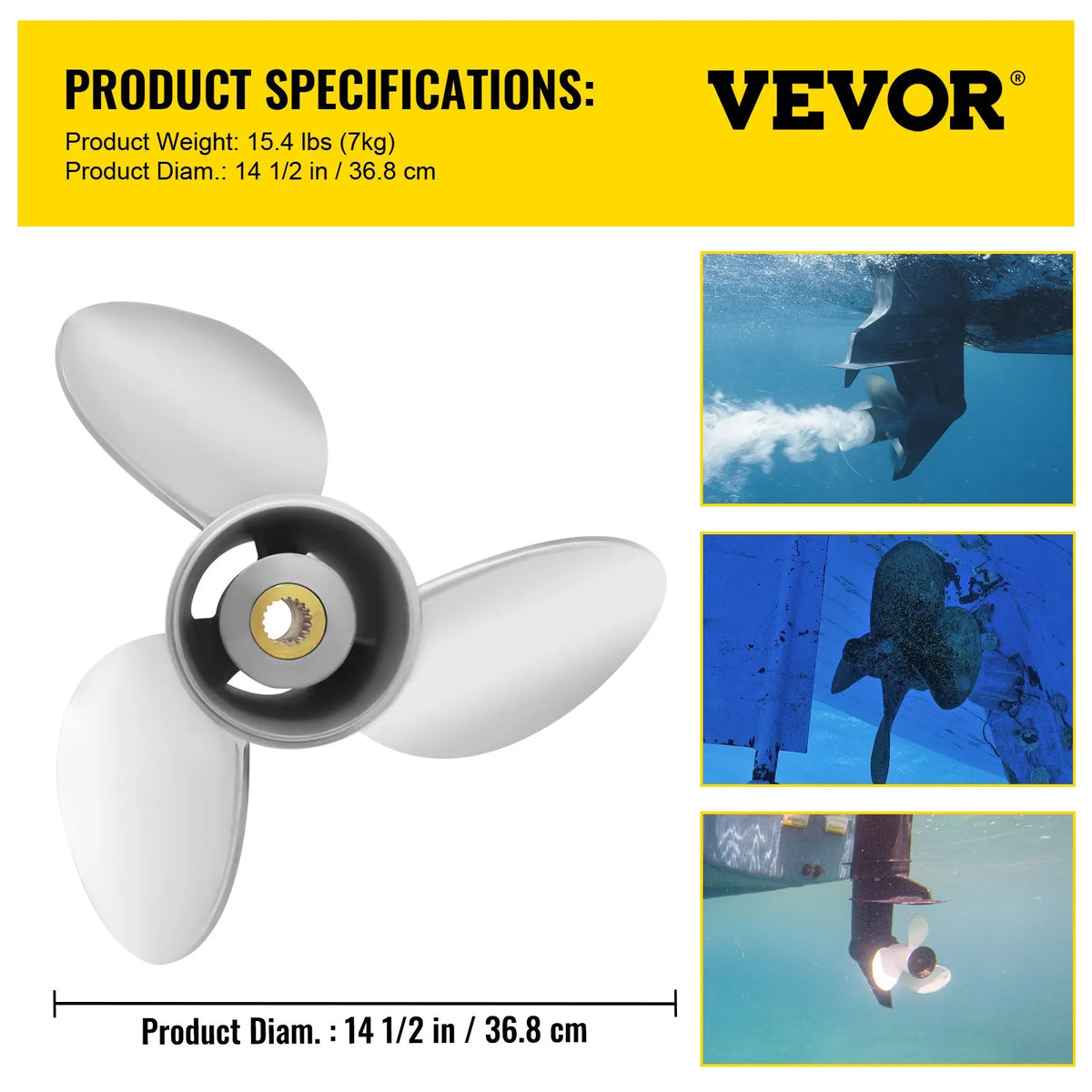 Steel Boat Propeller, OEM 3860709 Replacement, 3 Blades, 36.8 cm x 53.3 cm Pitch, Compatible with Volvo Penta SX Drive All Versions, 19 Tooth Spline, Right-Hand Rotation