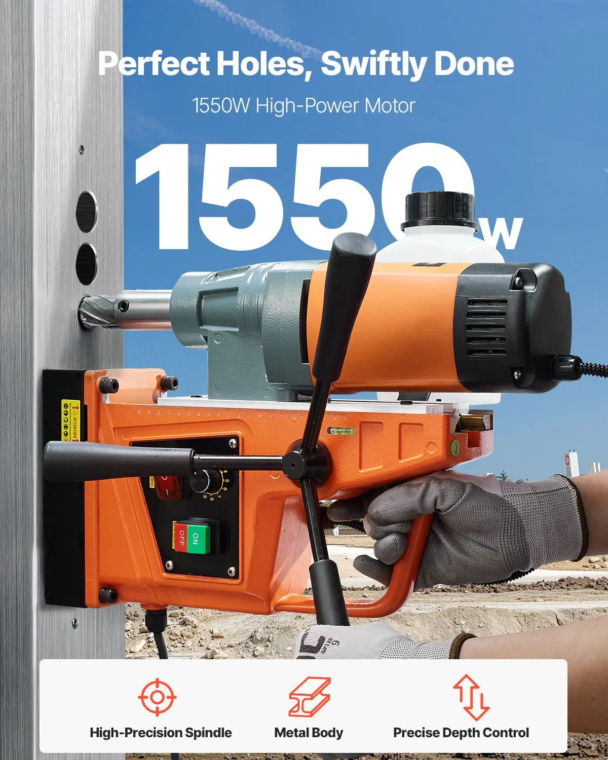 VEVOR Magnetic Drill, 1550 W Motor, 50.8 mm Drilling Diameter, 13,000 N Magnetic Force Portable Magnetic Drill, 0–500 RPM Adjustable Speed for Metal Working Industrial and Home Use
