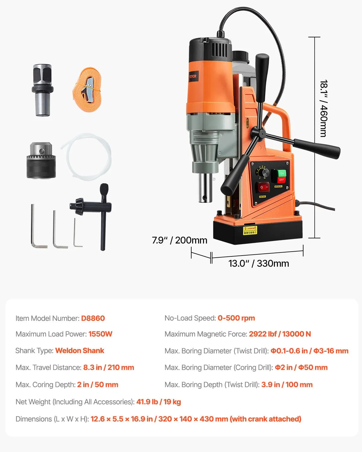 VEVOR Magnetic Drill, 1550 W Motor, 50.8 mm Drilling Diameter, 13,000 N Magnetic Force Portable Magnetic Drill, 0–500 RPM Adjustable Speed for Metal Working Industrial and Home Use